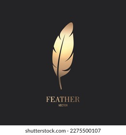 Vector Fluffy Golden Color Feather Logo Icon, Silhouette Feather Closeup Isolated. Design Template of Flamingo, Angel, Bird Feather. Lightness, Freedom Concept