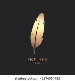 Vector Fluffy Golden Color Feather Logo Icon, Silhouette Feather Closeup Isolated. Design Template of Flamingo, Angel, Bird Feather. Lightness, Freedom Concept