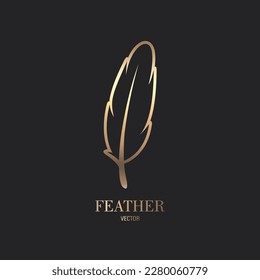 Vector Fluffy Golden Color Feather Logo Icon, Silhouette Feather Closeup Isolated. Design Template of Flamingo, Angel, Bird Feather. Lightness, Freedom Concept