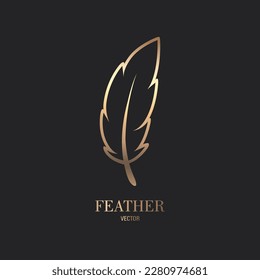 Vector Fluffy Golden Color Feather Logo Icon, Silhouette Feather Closeup Isolated. Design Template of Flamingo, Angel, Bird Feather. Lightness, Freedom Concept