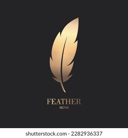 Vector Fluffy Golden Color Feather Logo Icon, Silhouette Feather Closeup Isolated. Design Template of Flamingo, Angel, Bird Feather. Lightness, Freedom Concept