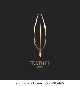 Vector Fluffy Golden Color Feather Logo Icon, Silhouette Feather Closeup Isolated. Design Template of Flamingo, Angel, Bird Feather. Lightness, Freedom Concept