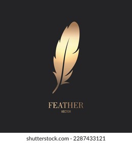 Vector Fluffy Golden Color Feather Logo Icon, Silhouette Feather Closeup Isolated. Design Template of Flamingo, Angel, Bird Feather. Lightness, Freedom Concept