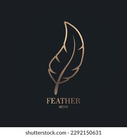 Vector Fluffy Golden Color Feather Logo Icon, Silhouette Feather Closeup Isolated. Design Template of Flamingo, Angel, Bird Feather. Lightness, Freedom Concept