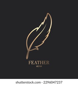 Vector Fluffy Golden Color Feather Logo Icon, Silhouette Feather Closeup Isolated. Design Template of Flamingo, Angel, Bird Feather. Lightness, Freedom Concept