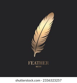 Vector Fluffy Golden Color Feather Logo Icon, Silhouette Feather Closeup Isolated. Design Template of Flamingo, Angel, Bird Feather. Lightness, Freedom Concept