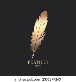 Vector Fluffy Golden Color Feather Logo Icon, Silhouette Feather Closeup Isolated. Design Template of Flamingo, Angel, Bird Feather. Lightness, Freedom Concept