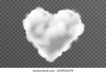 Vector fluffy heart cloud png. Realistic cloud, smoke or fog on an isolated transparent background. 