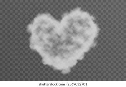 Vector fluffy heart cloud png. Realistic cloud, smoke or fog on an isolated transparent background. 