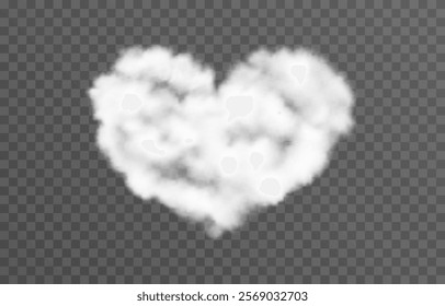 Vector fluffy heart cloud png. Realistic cloud, smoke or fog on an isolated transparent background. 