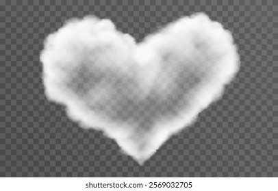 Vector fluffy heart cloud png. Realistic cloud, smoke or fog on an isolated transparent background. 