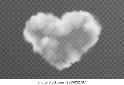 Vector fluffy heart cloud png. Realistic cloud, smoke or fog on an isolated transparent background. 