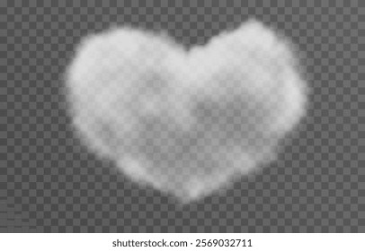 Vector fluffy heart cloud png. Realistic cloud, smoke or fog on an isolated transparent background. 