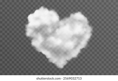 Vector fluffy heart cloud png. Realistic cloud, smoke or fog on an isolated transparent background. 