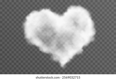 Vector fluffy heart cloud png. Realistic cloud, smoke or fog on an isolated transparent background. 