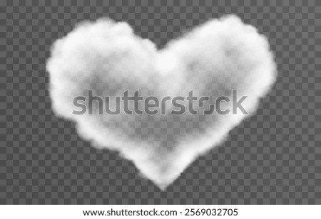 Vector fluffy heart cloud png. Realistic cloud, smoke or fog on an isolated transparent background. 
