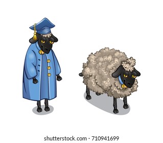 Vector fluffy sheep in two types natural and humanoid student in mortar board and bachelor gown