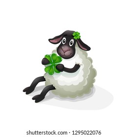 vector fluffy white cartoon sheep sitting on the floor with green clover in its paws for St. Patrick's Day, icon for congratulations on Valentine's Day, ireland holiday eps 10 isolated on white