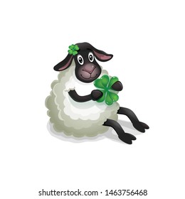 vector fluffy white cartoon sheep sitting on the floor with green clover in its paws for St. Patrick's Day, icon for congratulations on Valentine's Day, ireland holiday eps 10 isolated on white