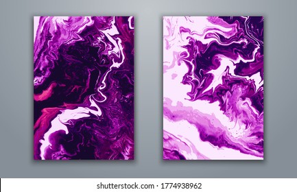 Vector. Arte fluido. Pinturas acrílicas líquidas. Textura de mármol. Colores violentos. Hecho a mano. Pintura moderna de moda. Plantilla para carteles, tarjetas de visita, invitaciones, portadas de libros, presentaciones.