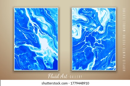 Vector. Arte fluido. Pinturas acrílicas líquidas. Textura de mármol. Colores azules. Hecho a mano. Pintura moderna de moda. Plantilla para carteles, tarjetas de visita, invitaciones, portadas de libros, presentaciones.