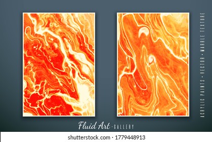 Vector. Arte fluido. Textura de mármol líquido. Colores amarillo y naranja vivos. Ataques de pincel de arte con pinturas acrílicas. Marco moderno de diseño. Pintura abstracta. Plantilla para afiches, invitaciones.