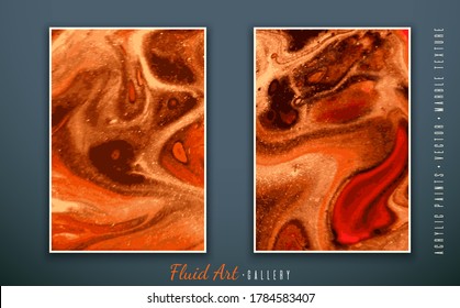 Vector. Fluid art. Liquid marble texture. Bright yellow, gold and orange colors. Art brush strokes with acrylic paints. Trendy modern background. Abstract painting. Template for posters, invitations. 