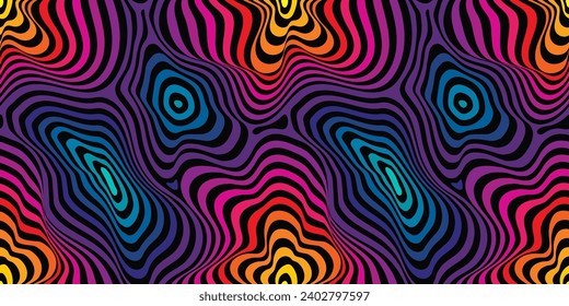Líneas curvadas del fluido vectorial sin problemas. Resumen de fondo rayado, superficie de rizo dinámica, efecto visual 3D, ilusión de movimiento, flujo, lava. Retro 1980 - estilo de moda de los años 1990, colores de neón