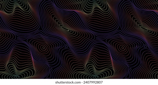Vector fluid curved lines seamless pattern. Abstract striped background, dynamical ripple surface, 3D visual effect, illusion of movement, flow. Retro 1980s - 1990s fashion style, rainbow neon colors