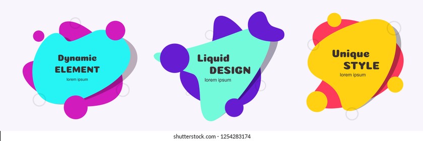 Vector fluid dynamic banner set flat style. Minimal futuristic shape for banner, logo, presentation, flyer, poster, web, print, social post. Isolated liquid abstract geometric background 10 eps