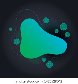 Vector fluid emotion banner template. Colorful abstract green to blue gradient shape and positive happy green smiles isolated on black background. Modern design for emoji.