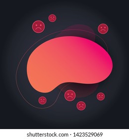 Vector fluid emotion banner template. Colorful abstract green to blue gradient shape and negative sad red smiles isolated on black background. Modern design for emoji.