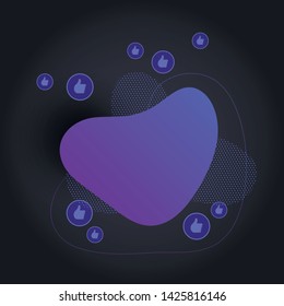 Vector fluid emotion banner template. Colorful abstract violet to blue romantic gradient shape and thumb up symbol isolated on black background. Modern design for emoji, social media.