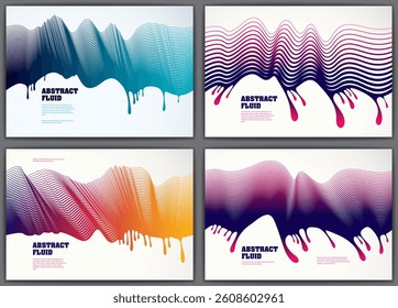Vector fluid flow wavy abstract colorful backgrounds set. 3d colorful gradient motion art. Lined texture, dynamic surface, curve lines, flow shape.