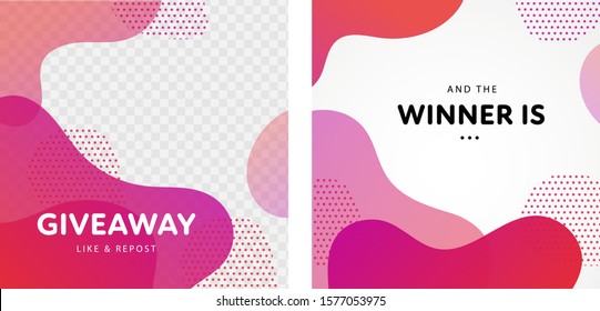 Vector fluid giveaway and winner banner template set. Group of couple square give away poster. Abstract pink color liquid illustration with text. Design for social media post, free gift, advertisment.