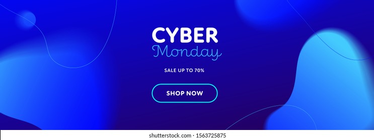 Vector fluid gradient cyber monday sale web horizontal top banner template. Text with button shop now on blue wavy background. Design element for advertisment, poster, greeting card.