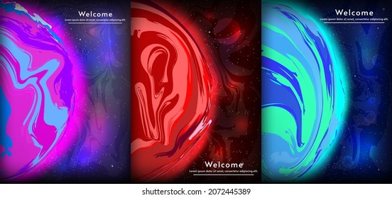 Vector fluid planets. Flat style. Soap bubble. Space style with nebula. Poster, wallpaper, background, banner. 