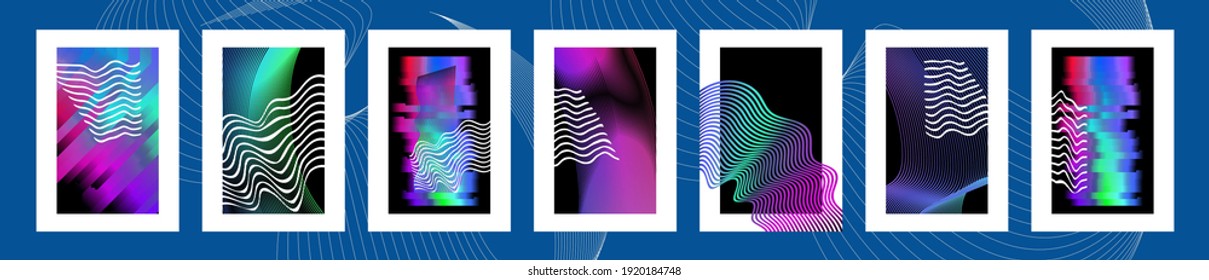 Vector fluid shapes big data concept. Abstract waves tech layout. Neon digital technology background. Modern psychedelic futuristic covers, posters, flyer templates. Glitch collage illustration