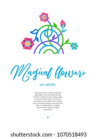 Vector fluorescence flowers. Floral psychedelic illustration, place for text. Acid color decor; floral ornament for flat design. Luminous blossom. Decoration for cover, poster, flyer, card.