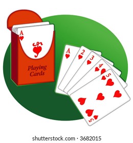 vector  FLUSH, red box of  playing cards with a straight flush, Ace, 2, 3, 4, 5 on a green background. EPS8 compatible; organized in layers for easy editing.