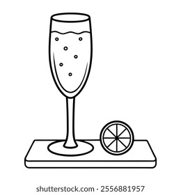 Vector of flute glass with white bubbly drink and orange slice, perfect for clipart and digital designs.






