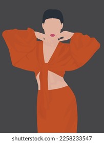 Flauta vectorial es una imagen de una joven con pelo oscuro y un traje de verano naranja. Hermosa chica con un traje con una blusa corta. Diseño para aperturas, avatares, carteles, fondos, plantillas.