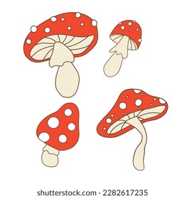 Vector fly agaric illustration set in retro style. Funny bright mushrooms with red caps. Groovy elements with 70s vibes is perfect for stickers, prints, posters, flyers, gift decoration etc.