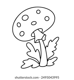 Vector fly agaric mushroom. Cartoon mushroom in the grass. Outline drawing of fly agaric.