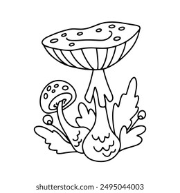 Vector fly agaric mushroom. Cartoon mushroom in the grass with berries. Outline drawing of fly agaric. Amanita muscaria