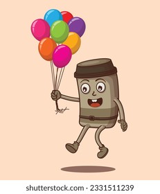 Vector fly with balloons with coffee cup illustration of cute character