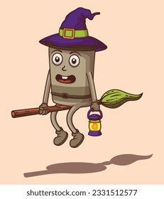 Vector fly on a witch's broom with coffee cup illustration of cute character