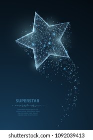 Vector fly up star with trail. Abstract polygonal wireframe star illustration on dark blue night sky background with stars of universe space. Success, Shooting stat, best, christmas design