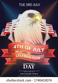 Vector flyer, banner or poster with American bald eagle in sunglasses against American flag. Independence day of the USA 4th July. EPS 10 

