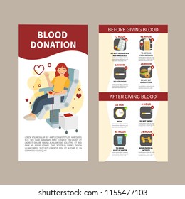 Vector flyer blood donation. Illustration of a cute donor girl. Recommendations before and after the procedure.
